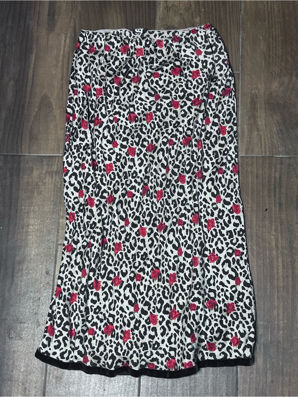 Vintage White Leopard Print Midi Skirt with Pink Rose Accents - Women's Skirt